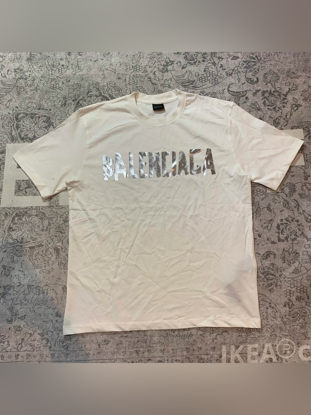Balenciaga Men’s Cream Crewneck T-Shirt with Silver Logo
